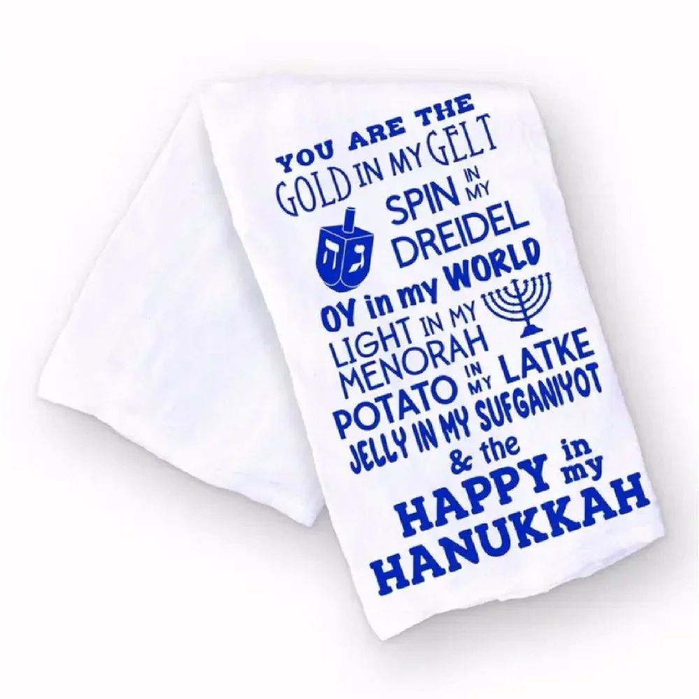 Gelt, Dreidel, Latkes, All Things Hanukkah Chanukah Kitchen Towel -NEW Fast Ship